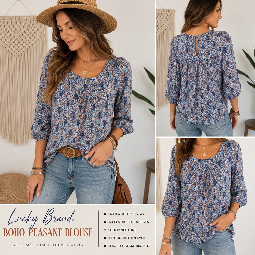 Lucky Brand Blue Boho Rayon Peasant Blouse Geometric Print 3/4 Sleeve Medium